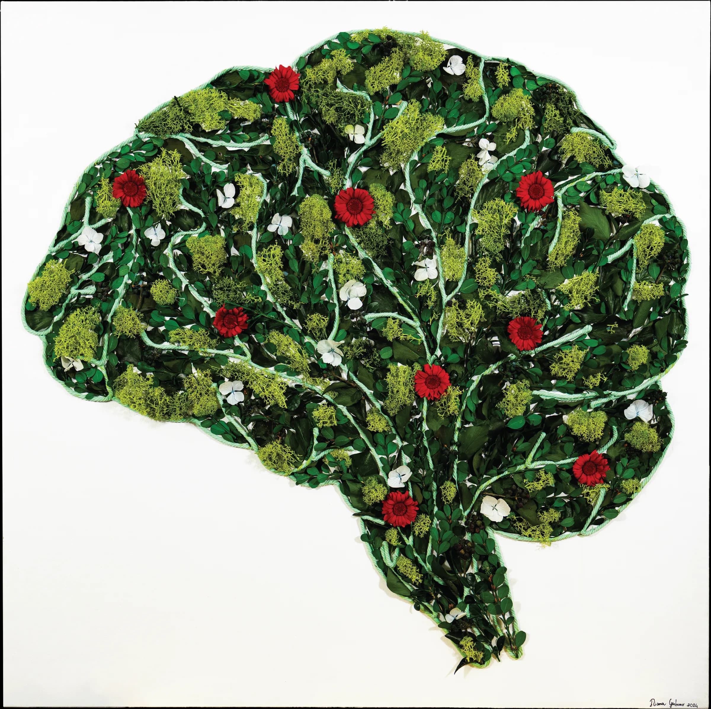 Terra alla Terra (prima tela) — foglie vive, fiori, 90×90 cm.