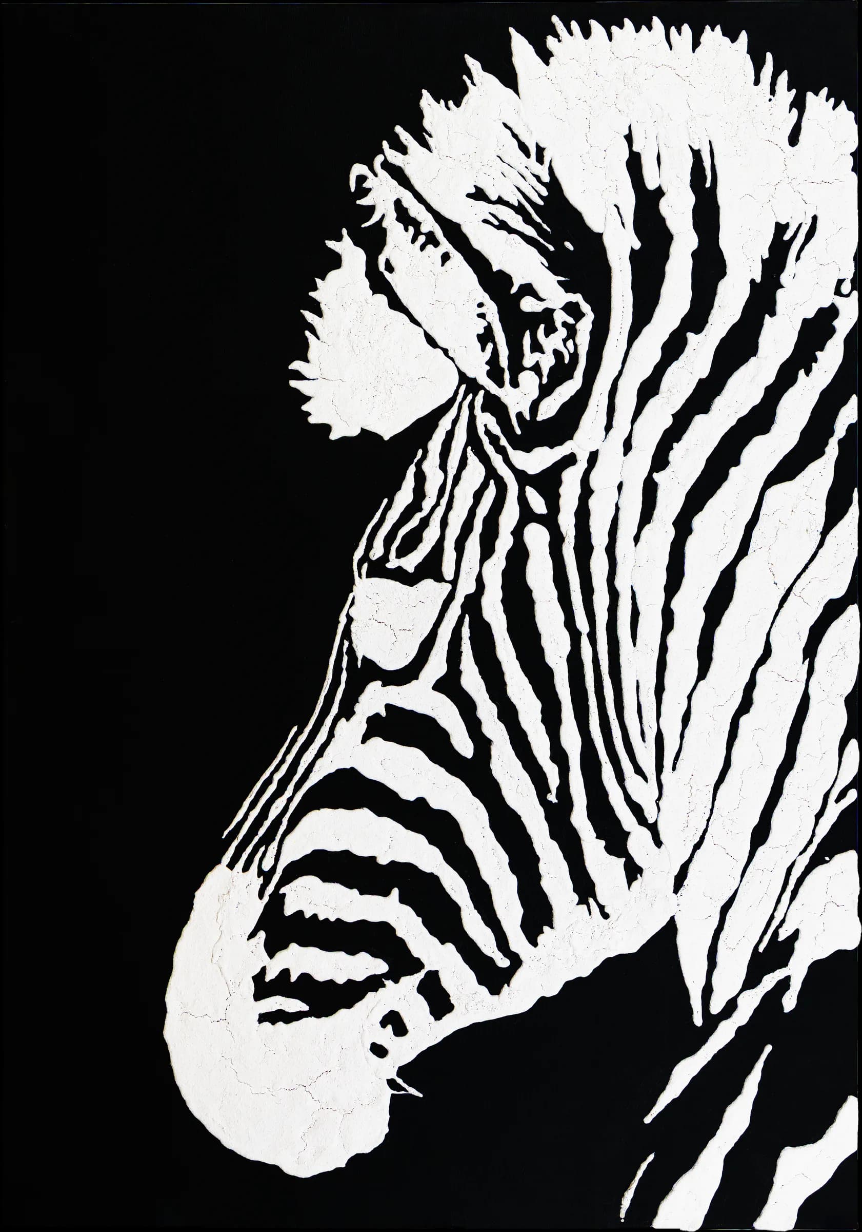Zebra — materiali misti su tela. Ricomposizione di pattern animale con scarti.
